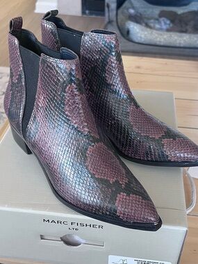 Marc Fisher Burgundy Snake-Print Pointed Chelsea Booties